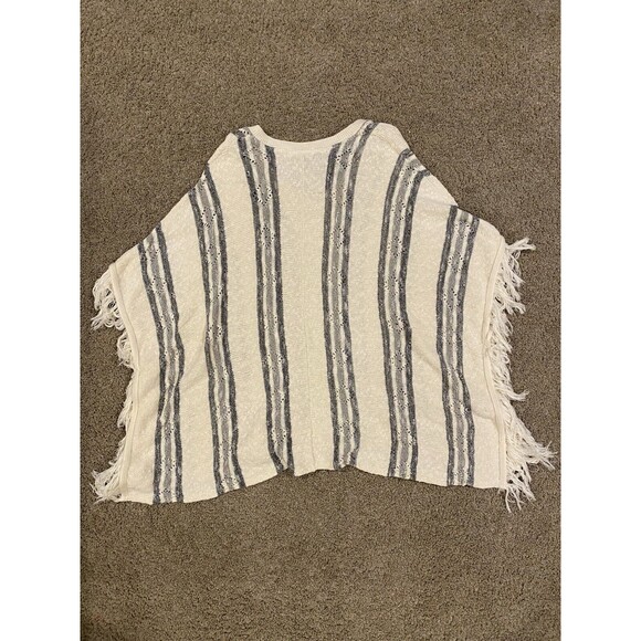 Altar’d State Fringed Poncho Sweater Small‎ Medium Cotton Striped Cream - Picture 6 of 6